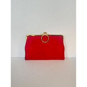 Vintage Red Satin Evening Clutch with Circular Gold Clasp Ring Frame | Red Purse